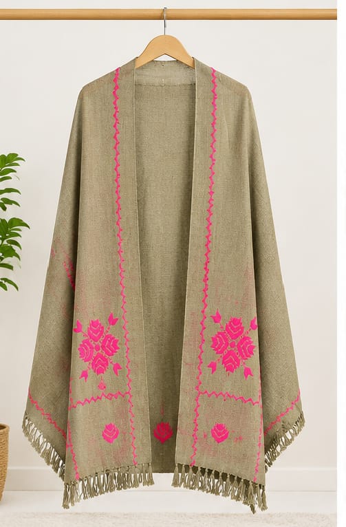 Salampur Pure Wool Shawl – Pink Floral Embroidered